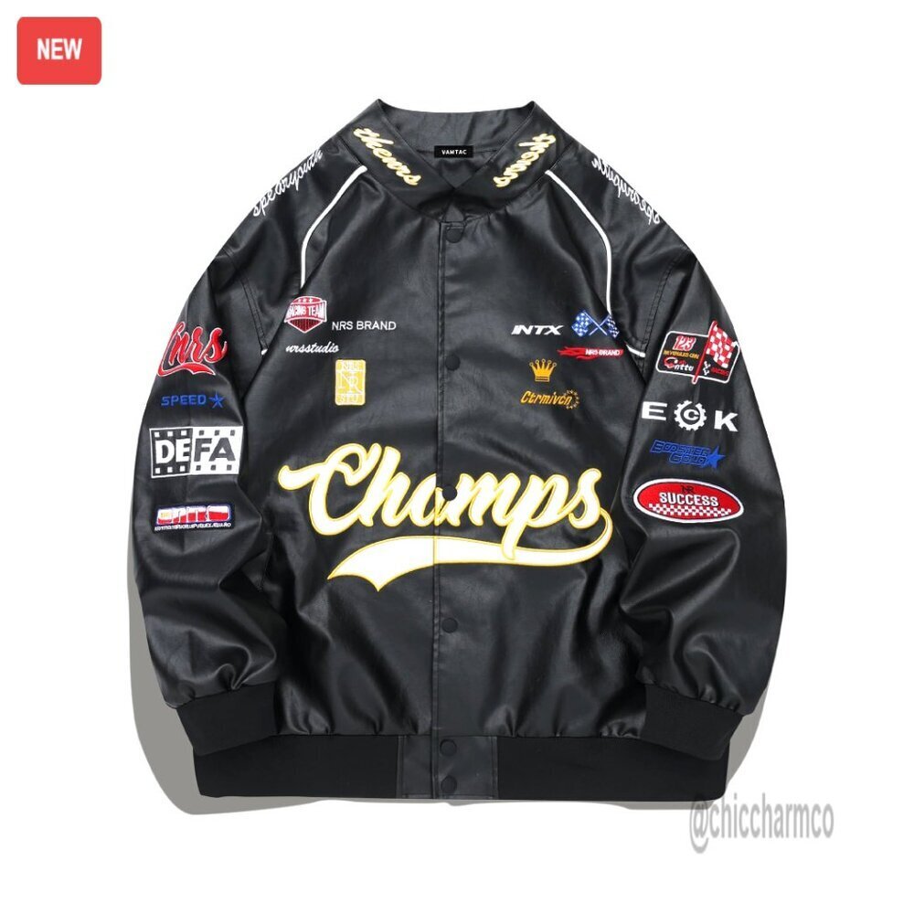 Oversized Faux Leather Bomber Jacket Racing Style Motocross Vintage Streetwear